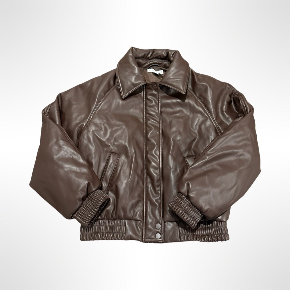 And Now This Faux Leather Brown Bomber Jacket Collared Snap Front Women's Size S